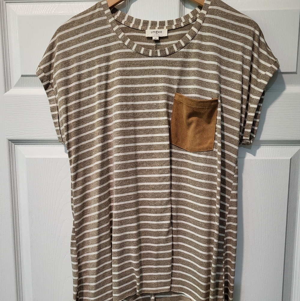 Umgee Brown and White Short Sleeve Tee with Classic Stripes